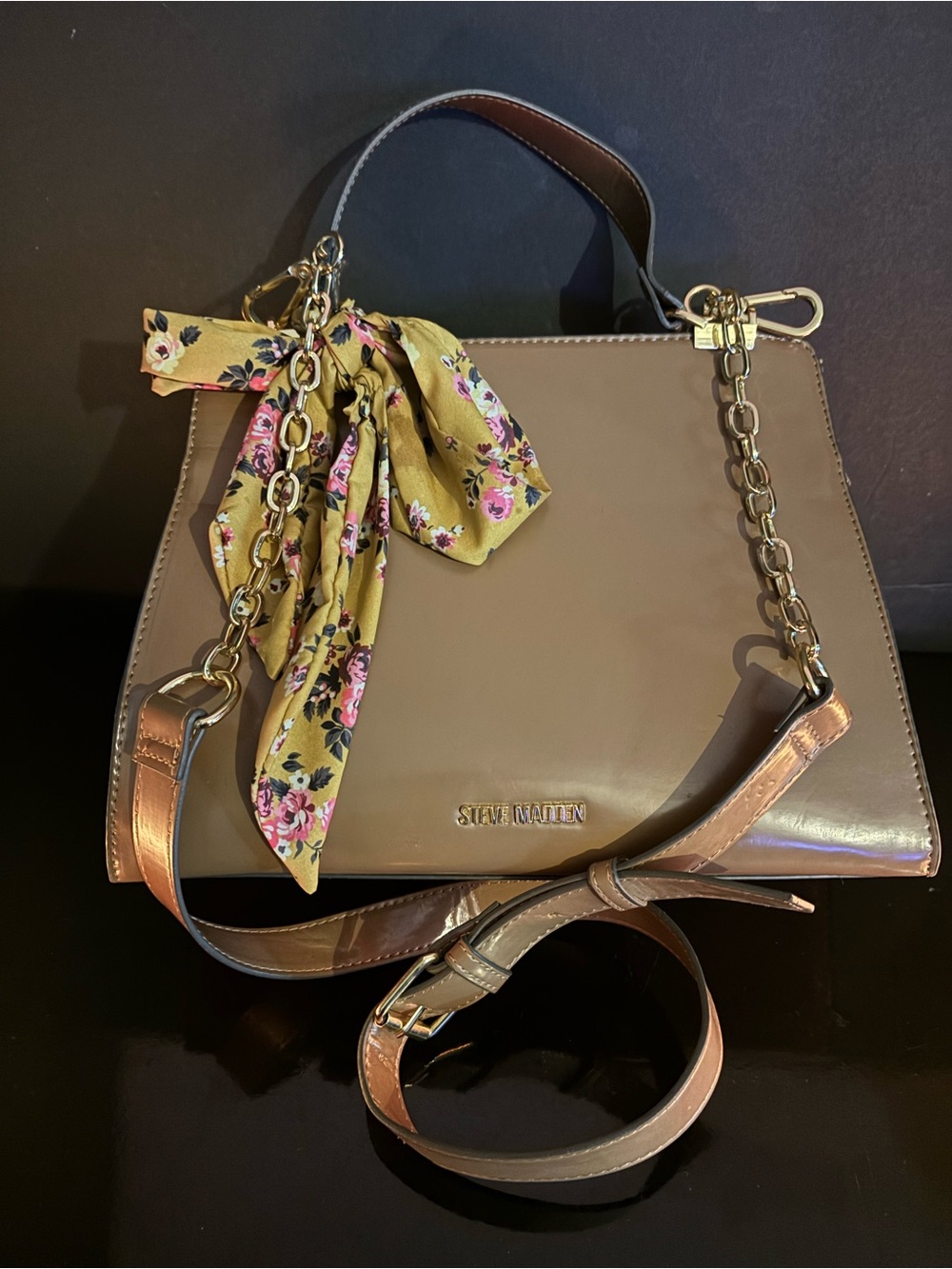 Steve Madden Taupe Beige Top Handle Satchel Crossbody Bag Purse Floral Scarf Y2K